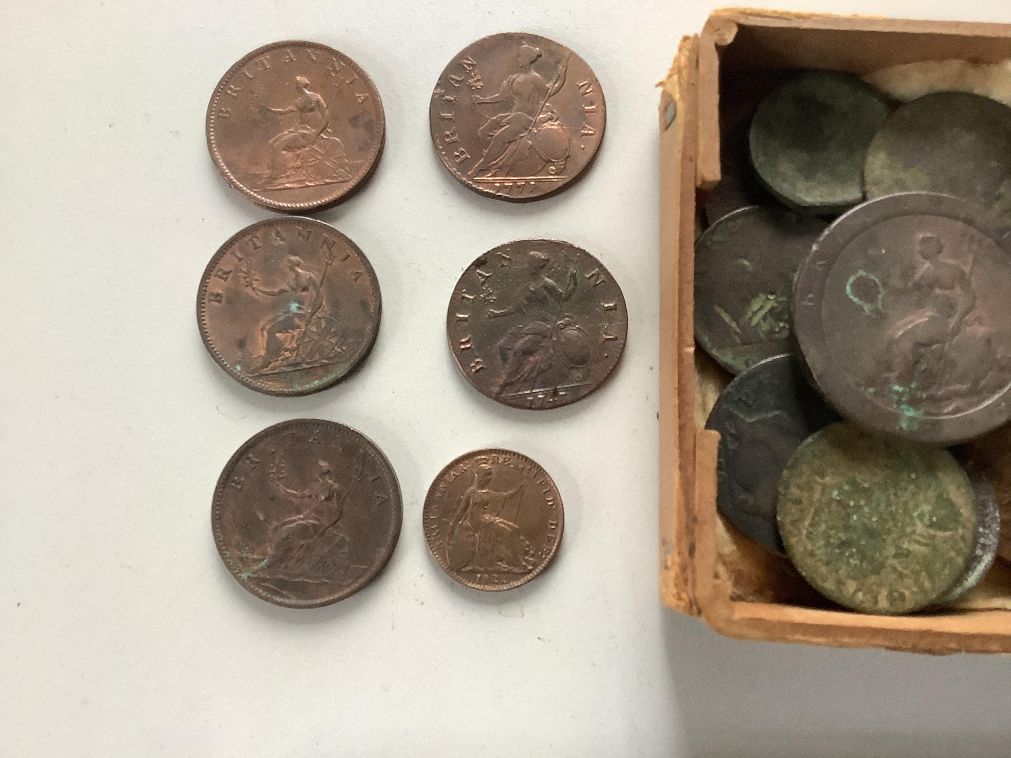 British coins, George II to QEII, including brilliant uncirculated coronation coin set, 1953 and various copper coins; halfpennies 1743, 1771, three 1807, farthing 1822 etc.